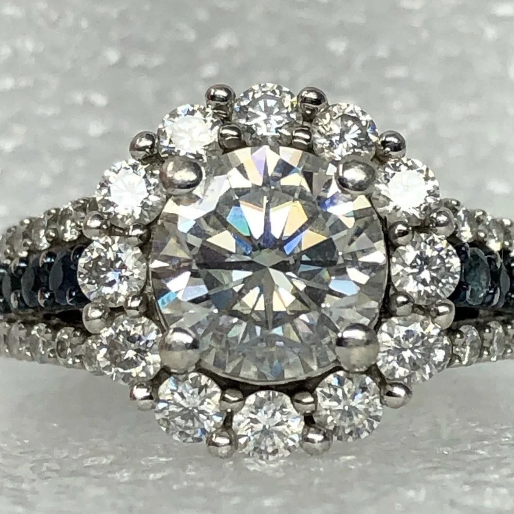 Moissanite Ring Blue Sapphire Platineve Halo Size 6